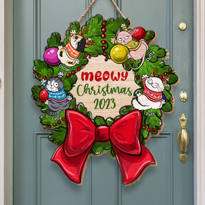 Cat Meowy Christmas Personalized Wood Art, Cat Christmas Wood Sign, Gift For Cat Lovers - Wood Sign - GoDuckee