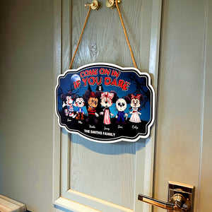 Come On In If You Dare, Personalized Wood Sign, Horror Mouse Family Wood Sign, Halloween Gift For Family - Wood Sign - GoDuckee