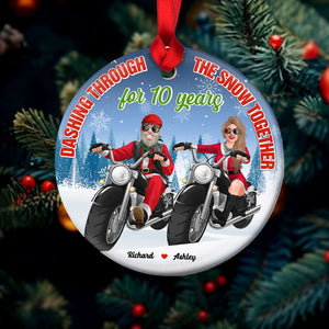 Dashing Through The Snow Together, Biker Couple Personalized Ceramic Ornament, Couple Gifts - Ornament - GoDuckee