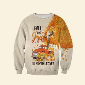 Fall For Jesus He Never Leaves, Autumn Shirt, Gifts For Christian - AOP Products - GoDuckee