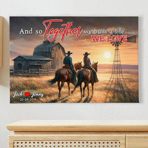 Personalized Gifts For Couple Canvas Print, Cowboy Couple Riding Horse On Sunset Prairie 03qhtn121224 - Poster & Canvas - GoDuckee