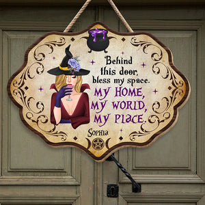 Behind This Door, Bless My Space-Personalized Wood Sign-Halloween Gifts-Witch Wood Sign - Wood Sign - GoDuckee