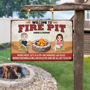 Welcome To Fire Pit, Gift For Couple, Personalized Metal Sign, Camping Couple Metal Sign - Metal Wall Art - GoDuckee