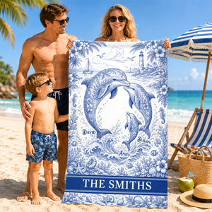 Symphonic Dolphin Family Toile De Jouy Beach Towel, Personalized Gifts For Families 01qhdh210726