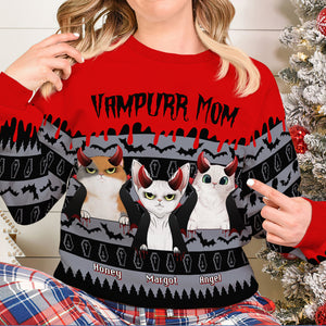 Vampurr Mom And Dad, Gift For Cat Lovers, Personalized Knitted Ugly Sweater, Vampire Cat Sweater, Halloween Gift - AOP Products - GoDuckee