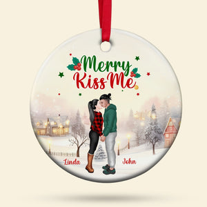Merry Kiss Me, Personalized Ceramic Ornament, Christmas Gift For Couple - Ornament - GoDuckee