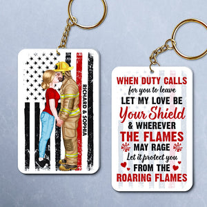 Let My Love Be Your Shield, Personalized Keychain- Firefighter Couple Gift- Gift For Valentine's Day - Keychains - GoDuckee