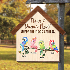 Nana & Papa's Net Where The Flock Gathers-Personalized Wood Art-Custom Shaped Wooden Sign- Gift For Grandparents- Grandparents Bird Wood Sign - Wood Sign - GoDuckee