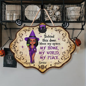 Behind This Door, Bless My Space- Personalized Wood Sign- Gift For Halloween- Halloween Witch Wood Sign - Wood Sign - GoDuckee