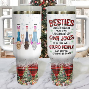 Besties, Keeping Each Other Sane, Personalized Tumbler With Handle, Christmas Gift For Friends - Tumbler Cup - GoDuckee
