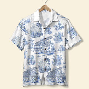 Personalized Gifts For Firefighter Hawaiian Shirt, Vintage Toile Blue Fire Truck Pattern 03qhtn110625 - Hawaiian Shirts - GoDuckee