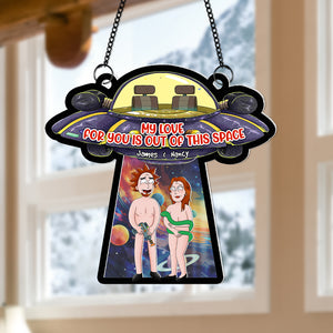 Personalized Gifts for Couple, Cartoon Couple With UFO Acrylic Suncatcher 03TOPU08082HG - Ornament - GoDuckee