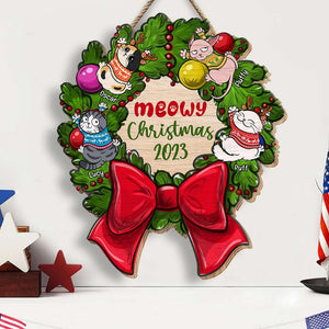 Cat Meowy Christmas Personalized Wood Art, Cat Christmas Wood Sign, Gift For Cat Lovers - Wood Sign - GoDuckee