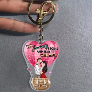 My Journey Begins And Ends With You, Couple Gift, Personalized Keychain, Kissing Couple Hot Air Balloon Keychain - Keychains - GoDuckee