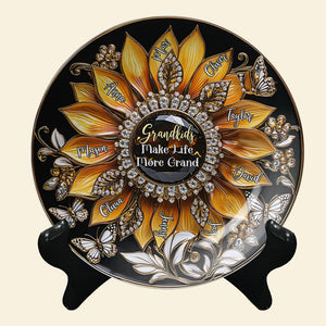 Personalized Gifts For Grandma Sunflower Round Plate, Grandkids Make Life More Grand 01TGMH140325 - Ceramic Round Plate - GoDuckee