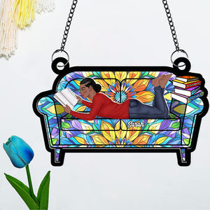 Personalized Gifts For Book Lovers Suncatcher Ornament Reading Girl On Sofa 04OHQN261224TM - Ornament - GoDuckee