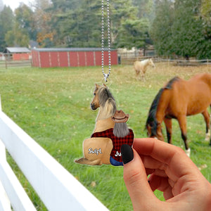 Gift For Horse Lover, Personalized Car Ornament, Cowgirl Hugging Horse Ornament - Ornament - GoDuckee