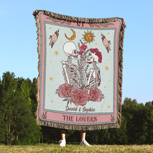 The Lovers- Personalized Woven Blanket- Gift For Him/ Gift For Her- Skull Couple Blanket - Blanket - GoDuckee