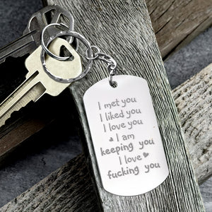 I Met You, Couple Gift, Personalized Stainless Steel Engraved Keychain, Naughty Stick Couple Keychain - Keychains - GoDuckee