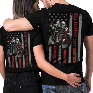 Ride Together Stay Together, Personalized Shirt, Skull Couple Rose Bike Shirt, Gift For Loved One - Shirts - GoDuckee