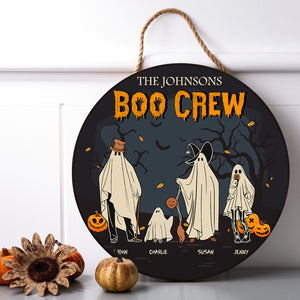 Boo Crew, Gift For Family, Personalized Round Wooden Sign, Ghost Family Wood Sign, Halloween Gift - Wood Sign - GoDuckee