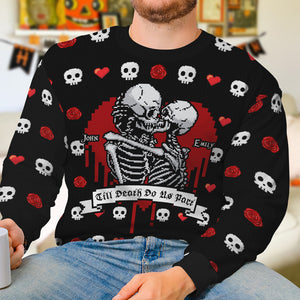 Till Death Do Us Part, Couple Gift, Personalized Knitted Ugly Sweater, Skull Couple Sweater, Halloween Gift - AOP Products - GoDuckee