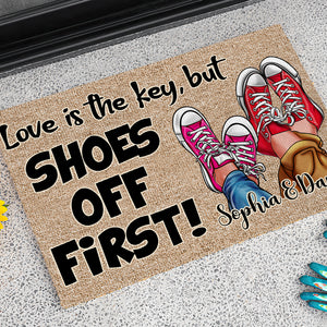 Love Is The Key But Shoes Off First, Personalized Doormat, Couple Shoes Gifts 02KADT040124 - Doormat - GoDuckee