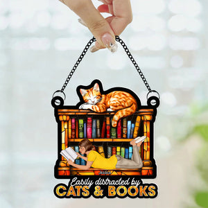 Personalized Gifts For Book Lovers Suncatcher Ornament 02xqqn030125tm Easily Distracted By Cats And Books - Ornament - GoDuckee