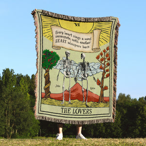The Lovers, Couple Gift, Personalized Woven Blanket, Tarot Card Skull Couple Blanket - Blanket - GoDuckee