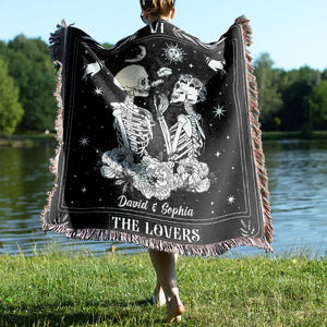 The Lovers- Personalized Woven Blanket- Gift For Him/ Gift For Her- Skull Couple Blanket - Blanket - GoDuckee