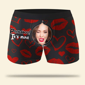 Peekaboo ! It's Mine, Personalized Couple Boxer Briefs, Gifts For Him Gifts For Her - Boxer Briefs - GoDuckee