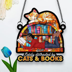 Personalized Gifts For Book Lovers Suncatcher Ornament 02xqqn030125tm Easily Distracted By Cats And Books - Ornament - GoDuckee