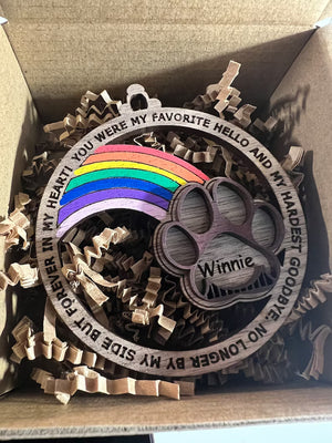 Personalized Rainbow Bridge Pet Memorial Wood Ornament - My Favorite Hello And Hardest Goodbye - Ornament - GoDuckee