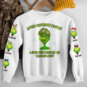 Never Underestimate A Nana Belongs To Trouble Crew, Gift For Grandma, Personalized 3D Shirt, Grandkids Green Monster AOP Shirt, Christmas Gift 06OHHN300623 - AOP Products - GoDuckee
