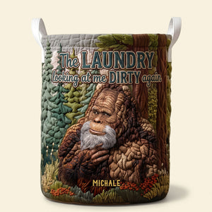 Fun Sasquatch Glance Quilted Laundry Basket, Personalized Gifts For Bigfoot Lovers 01qhti110726 - Laundry Basket - GoDuckee