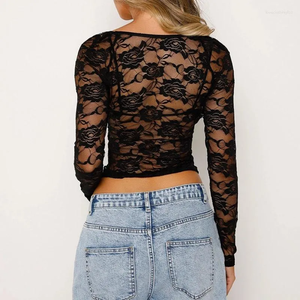Chic Y2K Lace Mesh Long Sleeve Top, See-Through Low Cut Slim Fit Crop Shirt for Women 255acxx260824 - - GoDuckee