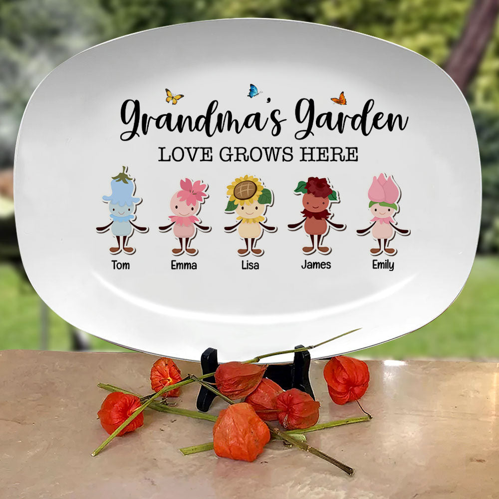 Grandma's Garden, Love Grows Here, Gift For Grandma,Personalized Resin Plate, Grandkids Flowers Plate - Resin Plate - GoDuckee