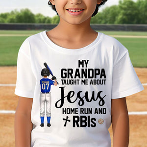 My Dad Taught Me About Jesus Home Run, Gift For Kids, Personalized Shirt, Base Ball Kid Shirt - Shirts - GoDuckee