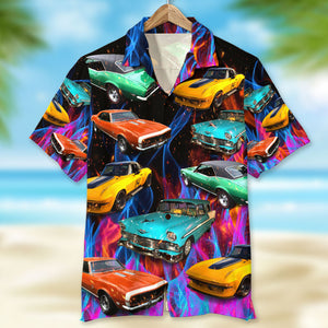 Custom Muscle Car Photo Hawaiian Shirt, Colorful Flame Pattern (New) - Hawaiian Shirts - GoDuckee