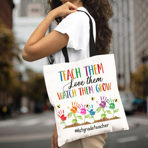 Teach Love Watch Them Grow, Personalized Tote Bag, Gift For Teacher, Handprint Flowers - Tote Bag - GoDuckee