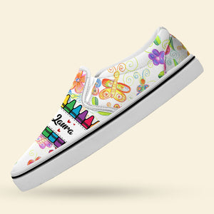 Gift For Teacher, Personalized Slip On Shoes, Crayon Flower Teacher Shoes, Back To School Gift - Shoes - GoDuckee