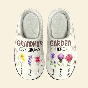 Grandma's Garden, Love Grows Here, Gift For Grandma, Personalized Home Slippers, Zodiac Flowers Slippers - Shoes - GoDuckee
