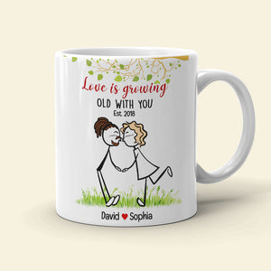 Love Is Growing Old With You, Gift For Couple, Personalized Mug, Stick Couple Kissing Mug, Anniversary Gift - Coffee Mug - GoDuckee