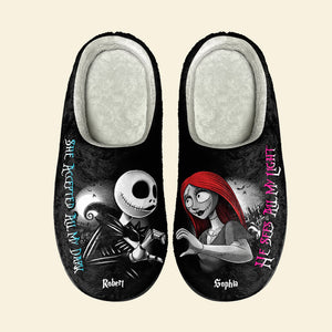 She Accepted All My Dark, He Sees All My Light, Couple Gift, Personalized Home Slippers, Horror Couple Home Slippers 02QHTI111223 - Shoes - GoDuckee
