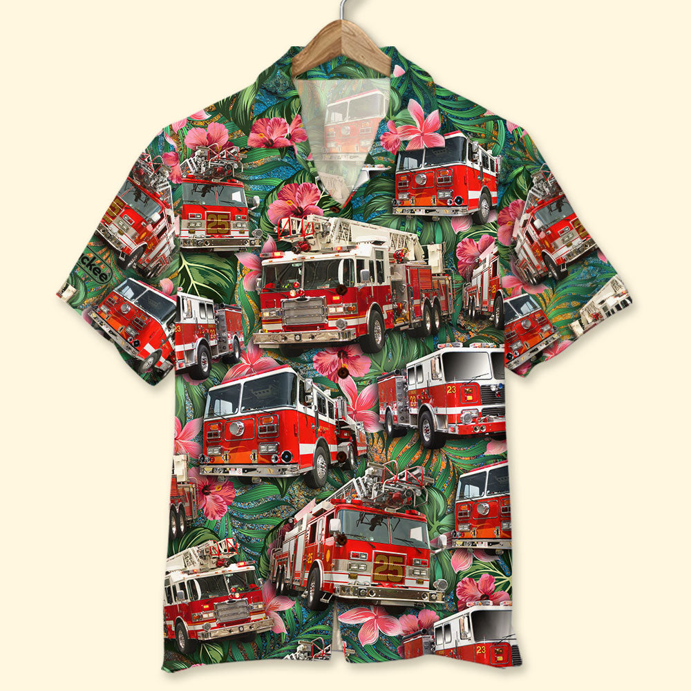 Fire Truck Hawaiian Shirt, Gift For Him, Gift For Fire Truck Lovers, Tropical Pattern (New) - Hawaiian Shirts - GoDuckee