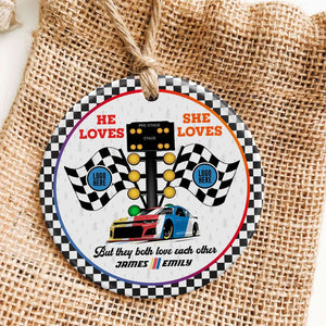 But They Both Love Each Other, Couple Gift, Personalized Ceramic Ornament, Racing Couple Ornament, Christmas Gift 01HUTI061023 - Ornament - GoDuckee
