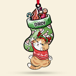 Gift For Cat Lovers, Personalized Acrylic Ornament, Cat Holding Socks Ornament, Christmas Gift - Ornament - GoDuckee