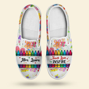 Gift For Teacher, Personalized Slip On Shoes, Crayon Flower Teacher Shoes, Back To School Gift - Shoes - GoDuckee