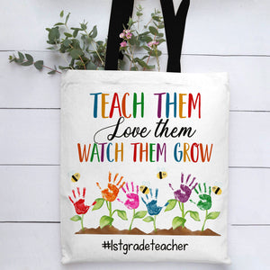 Teach Love Watch Them Grow, Personalized Tote Bag, Gift For Teacher, Handprint Flowers - Tote Bag - GoDuckee