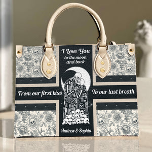 I Love You To The Moon And Back, Personalized Leather Bag, Gift For Couple - Leather Bag - GoDuckee